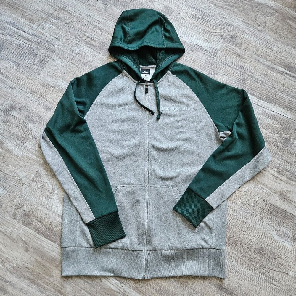 Nike Therma Fit Hoodie Mens L Michigan State Spartans Gray Green Raglan Sleeve